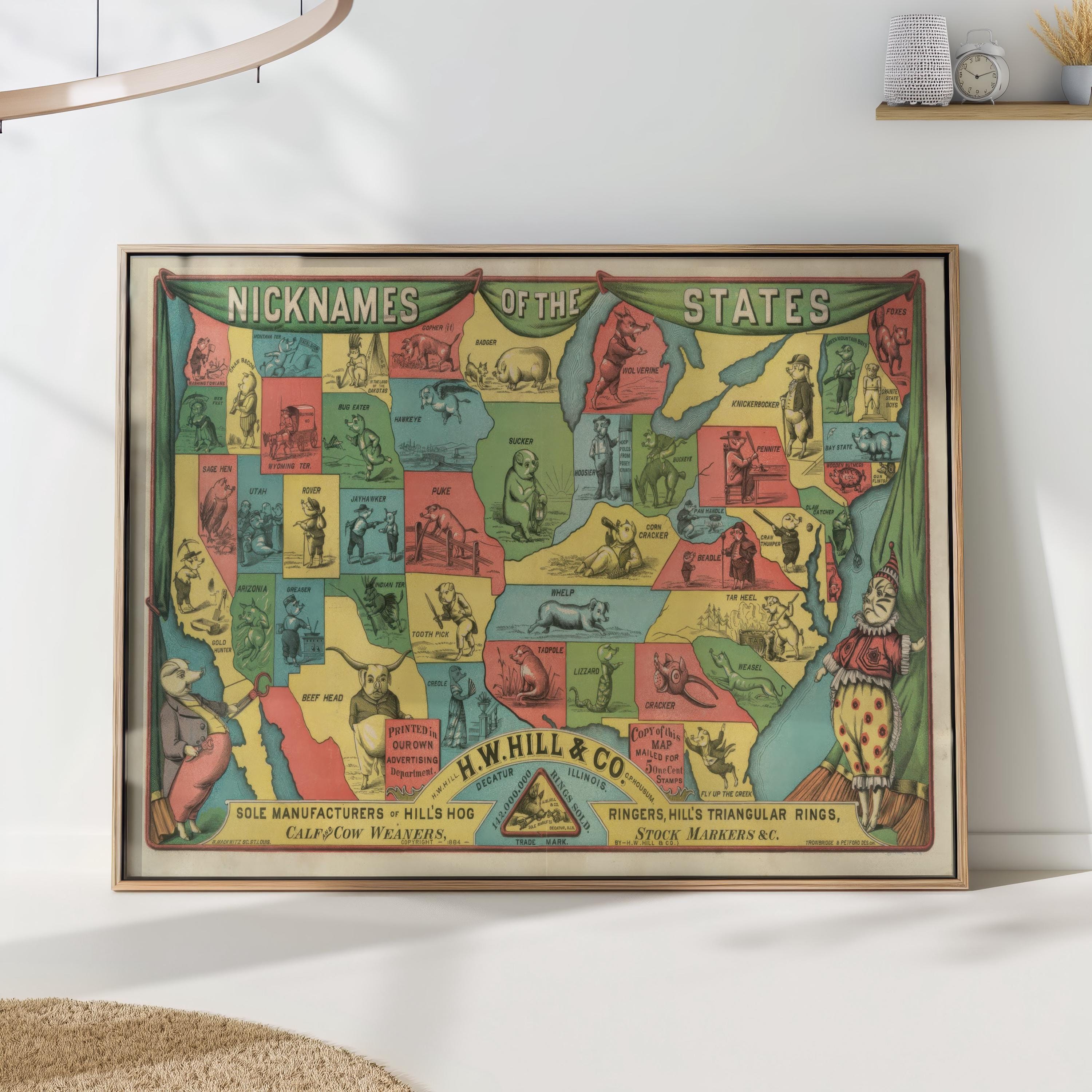 US States Nicknames Map Print - Vintage Style Illustrated Map - Educational Kids Room Art - Colorful History Wall Decor