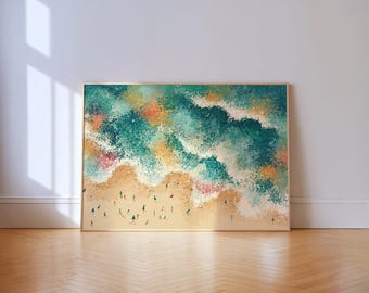 Beach Waves Pointillism Print: Aerial Ocean Surf Swimmers Summer Art
