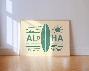 Aloha Surf Print Teal Coastal Wall Art PRINTED & FRAMED