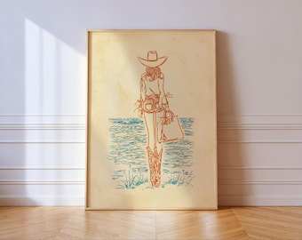 Coastal Cowgirl Art Print Beach Line Drawing Western Wall Art Poster