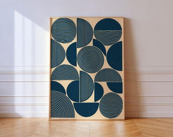 Navy Bauhaus Circles Print, Geometric Linocut Pattern