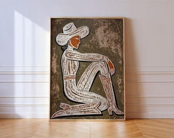 Cowgirl Linocut Art Print – Earth Tone Western Wall Decor