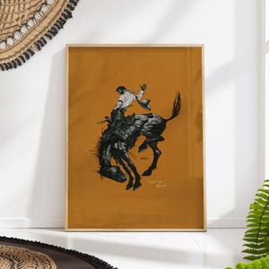 Bucking Bronco Rodeo Wall Art Print, Let ’Er Buck Cowboy Poster, Vintage Western Ranch Decor