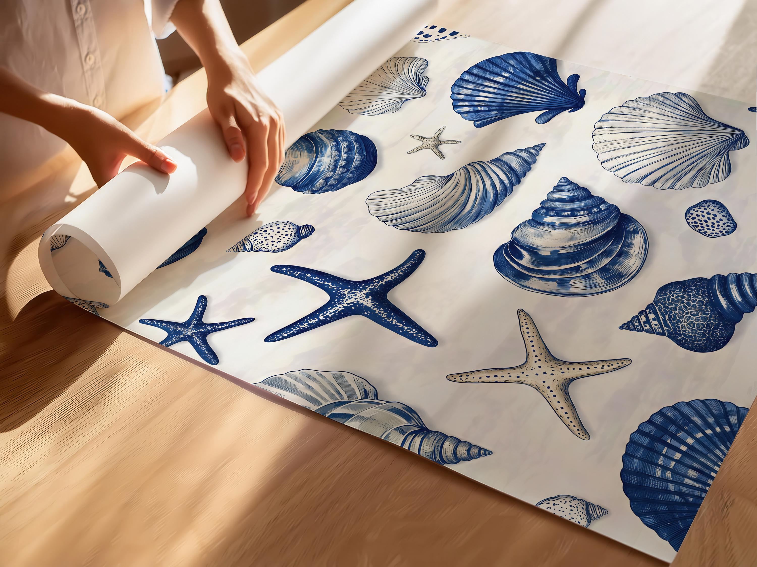Blue Seashell Wall Art Nautical Beach Print Coastal Bathroom Decor ...
