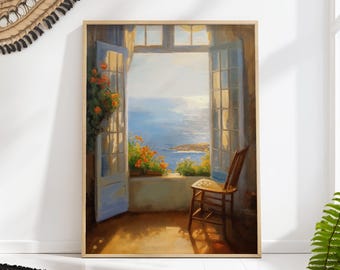 May include: A painting of a room with a window overlooking the ocean. The window is open and a wooden chair sits in the room. The ocean is blue and the sky is bright.