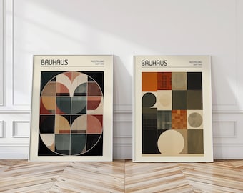 Bauhaus Wall Art Set of 2, Earth Tones Geometric Prints, Minimalist Modern Decor