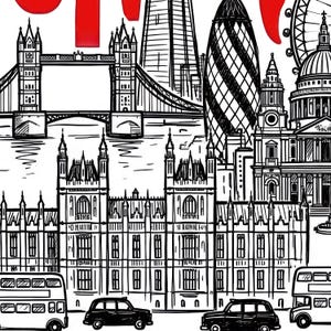 Peut inclure: Dessin au trait en noir et blanc de monuments londoniens, dont le Tower Bridge, le Gherkin et le Parlement. L'image comprend &eacute;galement des bus &agrave; imp&eacute;riale et des taxis noirs, avec des touches de rouge en haut.