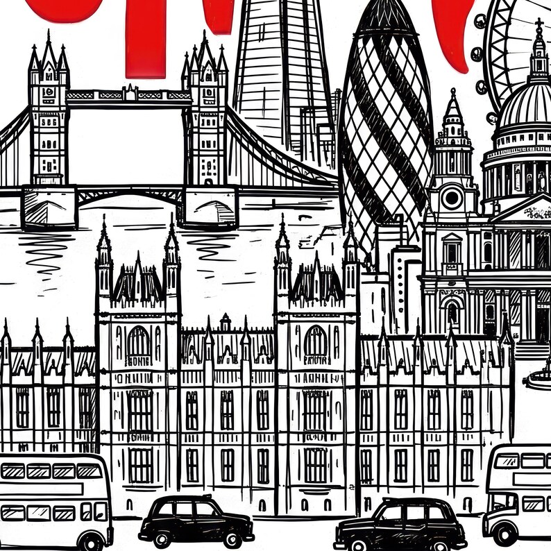 Peut inclure: Dessin au trait en noir et blanc de monuments londoniens, dont le Tower Bridge, le Gherkin et le Parlement. L'image comprend &eacute;galement des bus &agrave; imp&eacute;riale et des taxis noirs, avec des touches de rouge en haut.