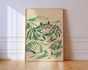 Crab and Seashells on Sand Print, Green Ink Beach Illustration