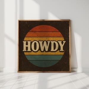 Howdy Wall Art, Retro Western Typography Poster, Vintage Cowboy Decor, Rustic Country Home Print