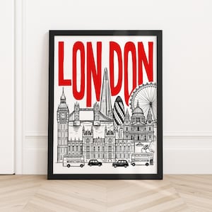 Peut inclure: Impression encadr&eacute;e en noir avec une illustration en noir et blanc de Londres. Le mot "LONDON" est &eacute;crit en rouge vif. Des monuments embl&eacute;matiques tels que Big Ben et le London Eye sont repr&eacute;sent&eacute;s. Deux bus &agrave; imp&eacute;riale rouges sont &eacute;galement visibles.