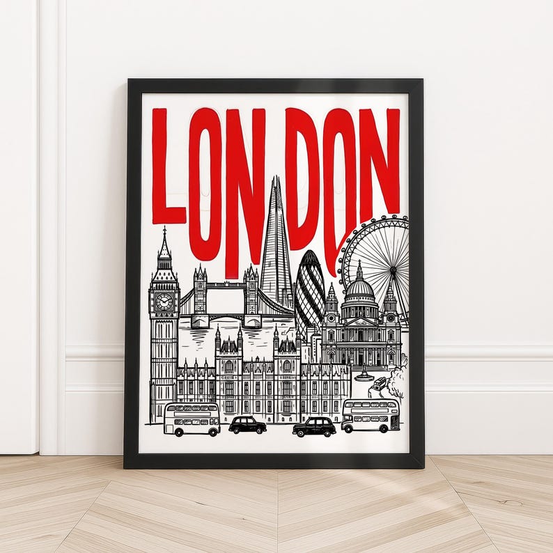 Peut inclure: Impression encadr&eacute;e en noir avec une illustration en noir et blanc de Londres. Le mot "LONDON" est &eacute;crit en rouge vif. Des monuments embl&eacute;matiques tels que Big Ben et le London Eye sont repr&eacute;sent&eacute;s. Deux bus &agrave; imp&eacute;riale rouges sont &eacute;galement visibles.