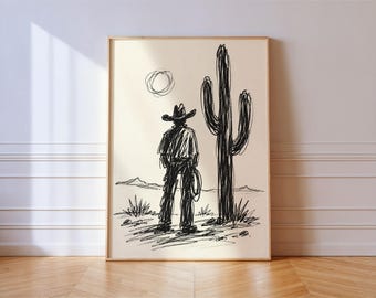 Cowboy Beside Saguaro Cactus Print, Desert Charcoal Sketch