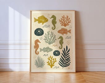 Seahorse Coral Block Print Wall Art: Coastal Ocean Fish Linocut Poster