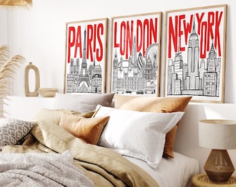 Travel Poster Set of 3 Paris London New York Skyline Print