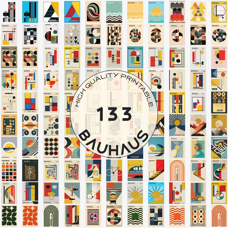 Set di poster Bauhaus di 133 stampe d'arte da parete stampabili di alta qualità pacchetto geometrico astratto minimalista moderno della metà del secolo / download digitale immagine 1