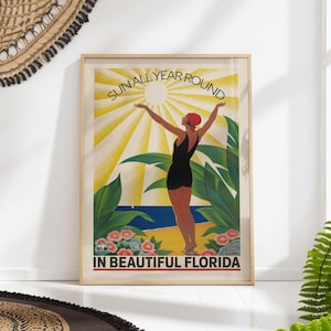 Vintage Florida Travel Poster, Sun All Year Round Beach Art, Retro Sunshine Wall Decor