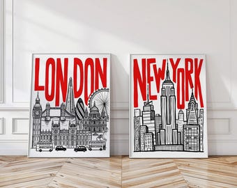 Travel Poster Set of 2 London New York Red Typography Skyline Print