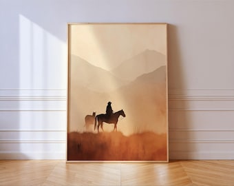 Lone Cowboy Print, Rustic Western Horse Rider Art