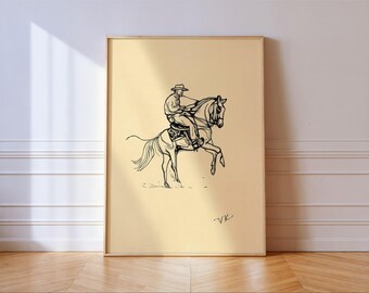 Cowboy Line Art – Western Bucking Bronco Print, Modern Ranch Wall Decor