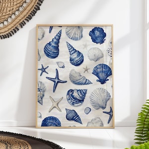 Blue Seashell Wall Art Nautical Beach Print Coastal Bathroom Decor