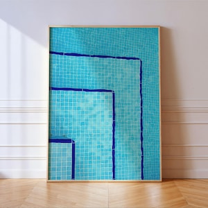 Foto di piscina Bauhaus - Arte murale geometrica minimalista - Stampa di piastrelle blu - Arredamento moderno di metà secolo - Arte astratta dell'acqua