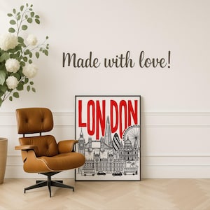 London Wall Art Red Typography Skyline Travel Poster Print image 17