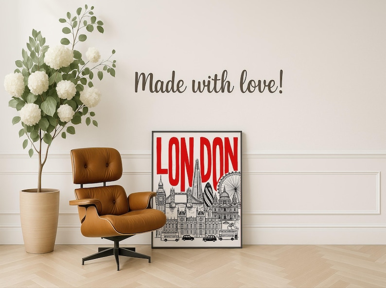 London Wall Art Red Typography Skyline Travel Poster Print image 17
