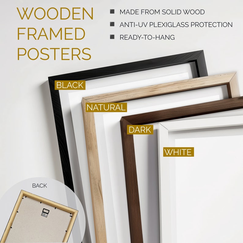 Pu&ograve; includere: Poster con cornice in legno in nero, naturale, scuro e bianco. L'immagine mostra la parte anteriore e posteriore delle cornici, evidenziando caratteristiche come la costruzione in legno massello, la protezione in plexiglass anti-UV e il design pronto per essere appeso.