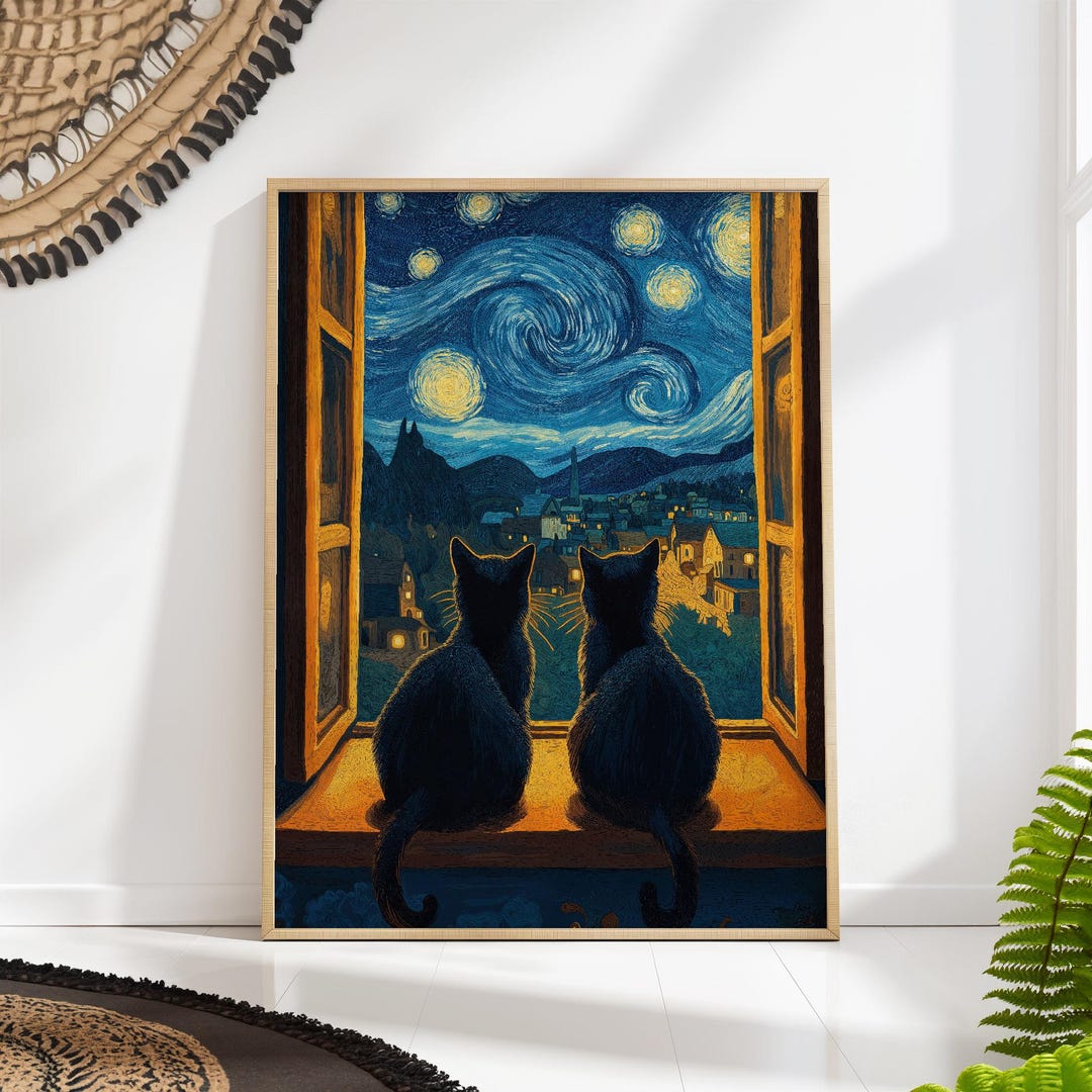 Starry Night Cat Print Poster, Van Gogh Window Art Romantic Night