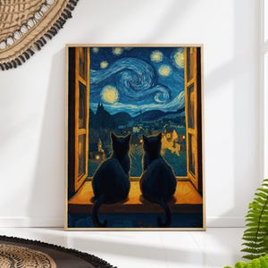Starry Night Cat Print Poster, Van Gogh Window Art Romantic Night Sky Wall Decor