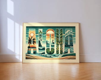 Aloha Print Surf Wall Art Typography Poster Coastal Decor PRINTED & FRAMED