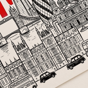 Peut inclure: Dessin au trait en noir et blanc de monuments londoniens, dont le Tower Bridge, le Parlement et la cath&eacute;drale Saint-Paul. L'image pr&eacute;sente &eacute;galement des taxis noirs londoniens et un bus &agrave; imp&eacute;riale, sur fond cr&egrave;me.