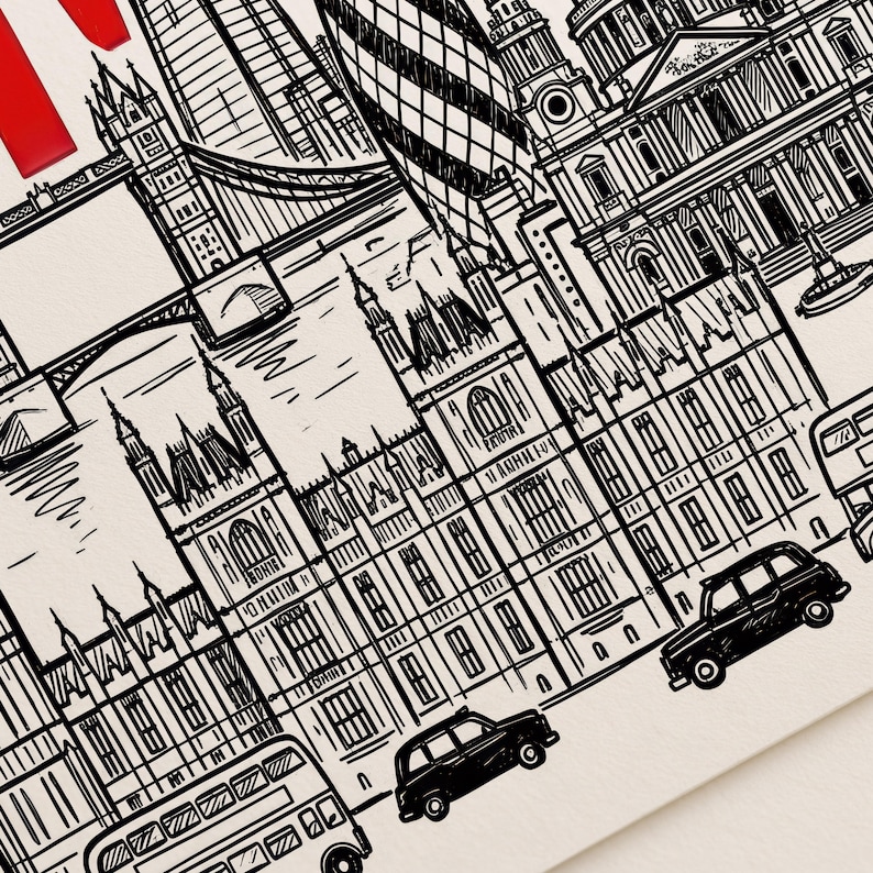 Peut inclure: Dessin au trait en noir et blanc de monuments londoniens, dont le Tower Bridge, le Parlement et la cath&eacute;drale Saint-Paul. L'image pr&eacute;sente &eacute;galement des taxis noirs londoniens et un bus &agrave; imp&eacute;riale, sur fond cr&egrave;me.