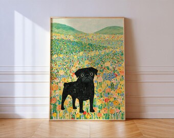 Black Pug Flower Field Print: Dog Wildflower Meadow Painting Wall Art