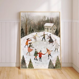 Whimsical Winter Ice Skating Print Cozy Holiday Wall Art Christmas Decor PRINTED on Luxury Paper