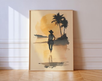Cowgirl Sunset Silhouette Print: Coastal Western Palm Tree Wall Art Poster