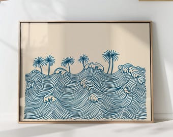 Ocean Wave Print – Minimalist Coastal Wall Art – Tropical Beach House Decor – Blue Wave Illustration – Surf Art Poster – Boho Beach Decor