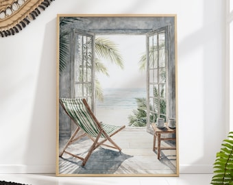 Coastal Beach House Art Print: Serene Ocean View Window Decor