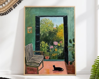 Cat in Garden Wall Art - Vibrant Green Indoor Decor