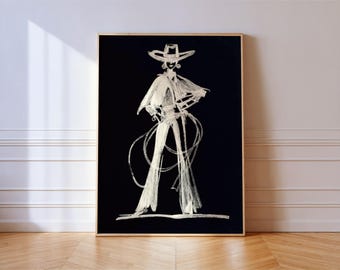 Cowgirl Sketch Print: Black White Western Rodeo Wall Art