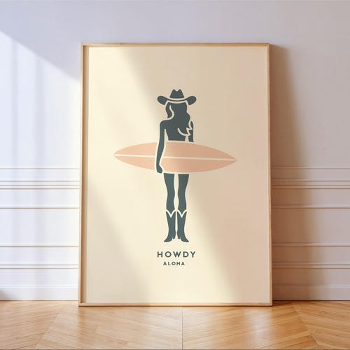 Póster con estampado de vaquera surfista del desierto Howdy Aloha, decoración de pared costera, IMPRESO Y ENMARCADO