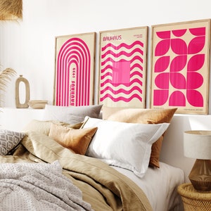 Set of 3 Pink Abstract Wall Art Bauhaus Posters Midcentury Modern