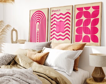 Set of 3 Pink Abstract Wall Art Bauhaus Posters Midcentury Modern