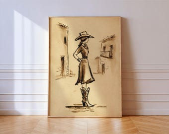 Cowgirl Wall Art Western Ink Sketch Sepia Fashion Print