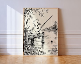 Duckling Fishing from Wooden Dock Print, Black and White Ink