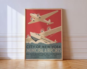 Póster de aviación retro de Nueva York - Lámina de viaje de Nueva York - Arte mural de avión art déco