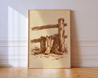 Three Cowboy Boots by Ranch Fence Print, Western Illustration