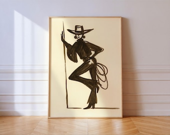 Cowgirl Lasso Silhouette Art Print | Modern Western Woman Poster | Rustic Ranch Wall Decor