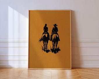 Cowboy And Cowgirl Wall Art Print, Horseback Riding Western Poster, Rustic Country Couple Decor